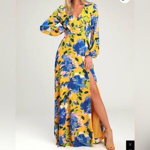 Lulu's Yellow and Blue Floral Long Sleeve Maxi Dress
